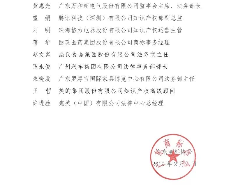 廣東商標協會公布2018年十大商標品牌領軍人物、新銳人物以及十大企業優秀法務（商標）名單