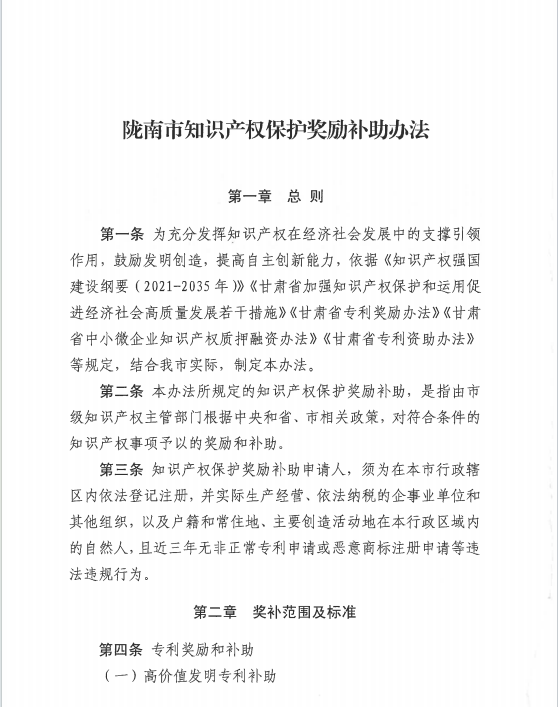 中國專利金獎獎勵30萬元！《隴南市知識產權保護獎勵補助辦法》來啦